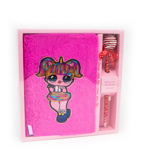 Carnet notițe A5, copertă pufoasă cu pix, LOL